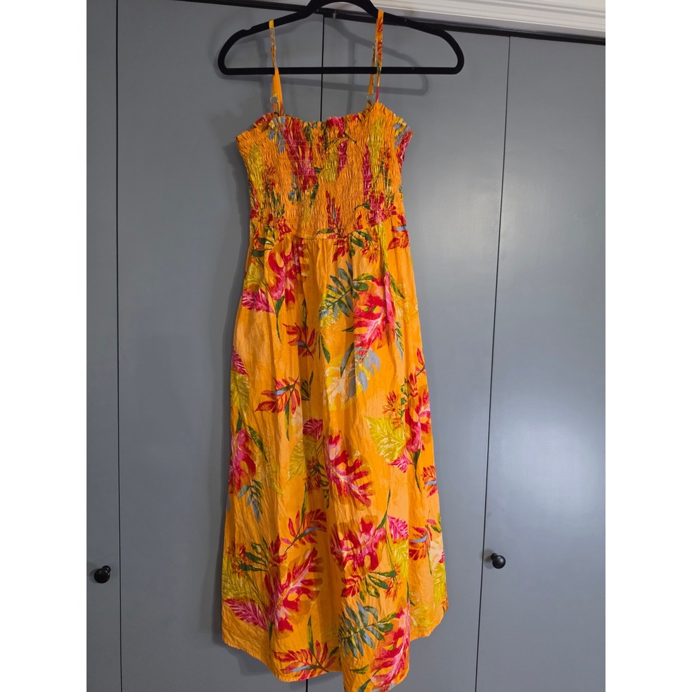 Excellent Maurices Maxi Dress Small Orange Tropical Floral Smocked Strappy